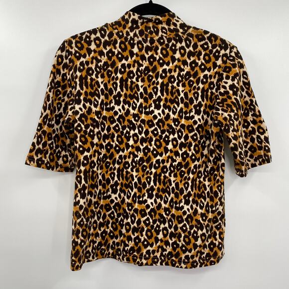 Anthropologie Mock Neck Top Pullover Animal Leopard Print Short Sleeve Brown XS - Picture 3 of 5